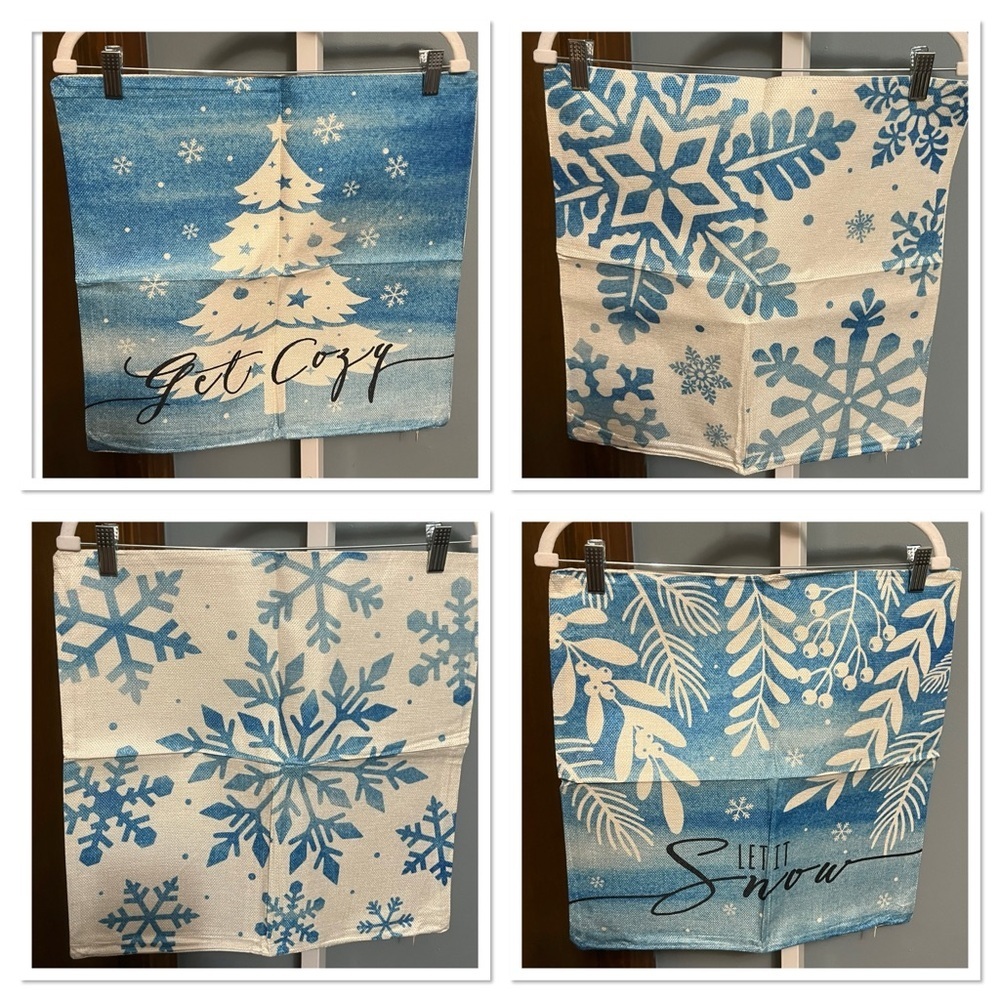 Blue and White Winter Theme Canvas Pillow Case Covers 17.5x17.5 Set 4